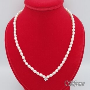 Kultivuotų perlų vėrinys su sidabro detalėmis ir cirkoniu 224-87; 38-42 cm